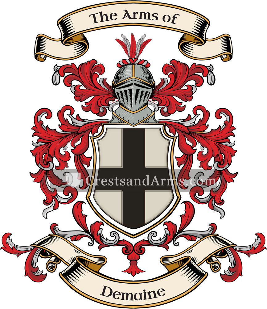 The Demaine coat of arms, drawn from the recorded blazon