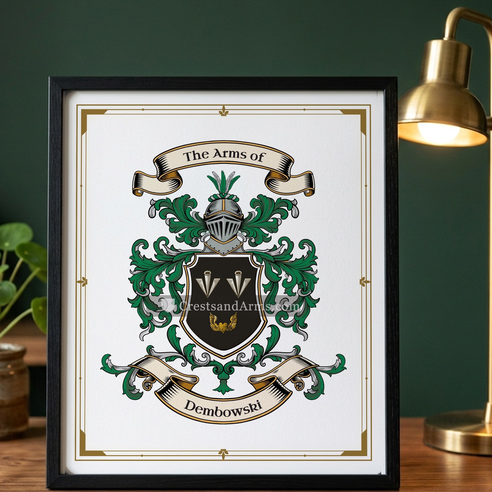 The Dembowski arms on the framed, black wood