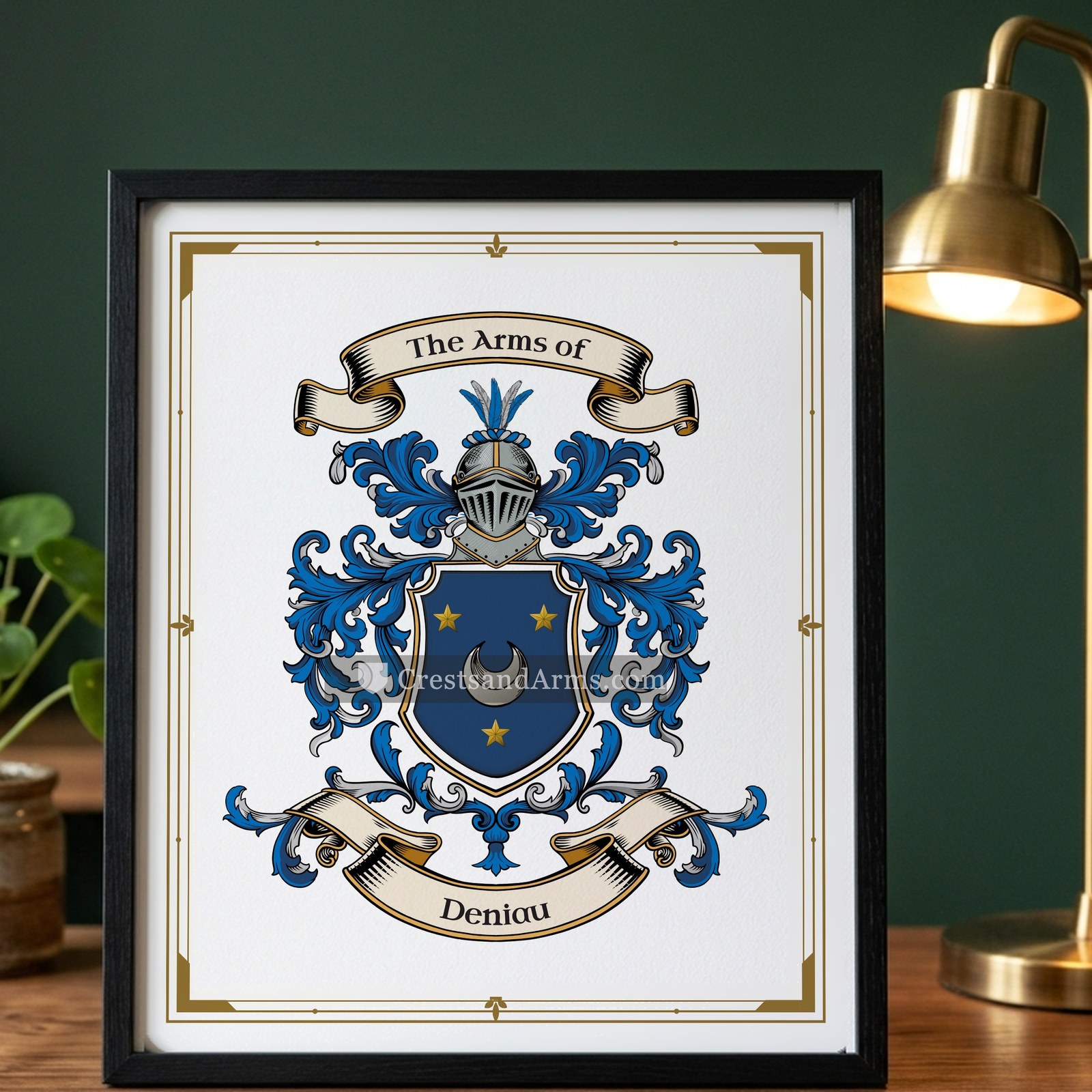 The Deniau arms on the framed, black wood
