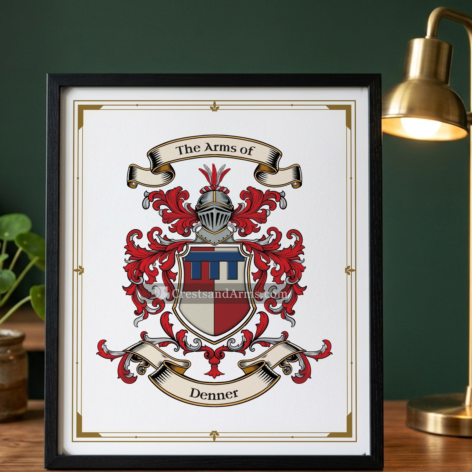 The Denner arms on the framed, black wood