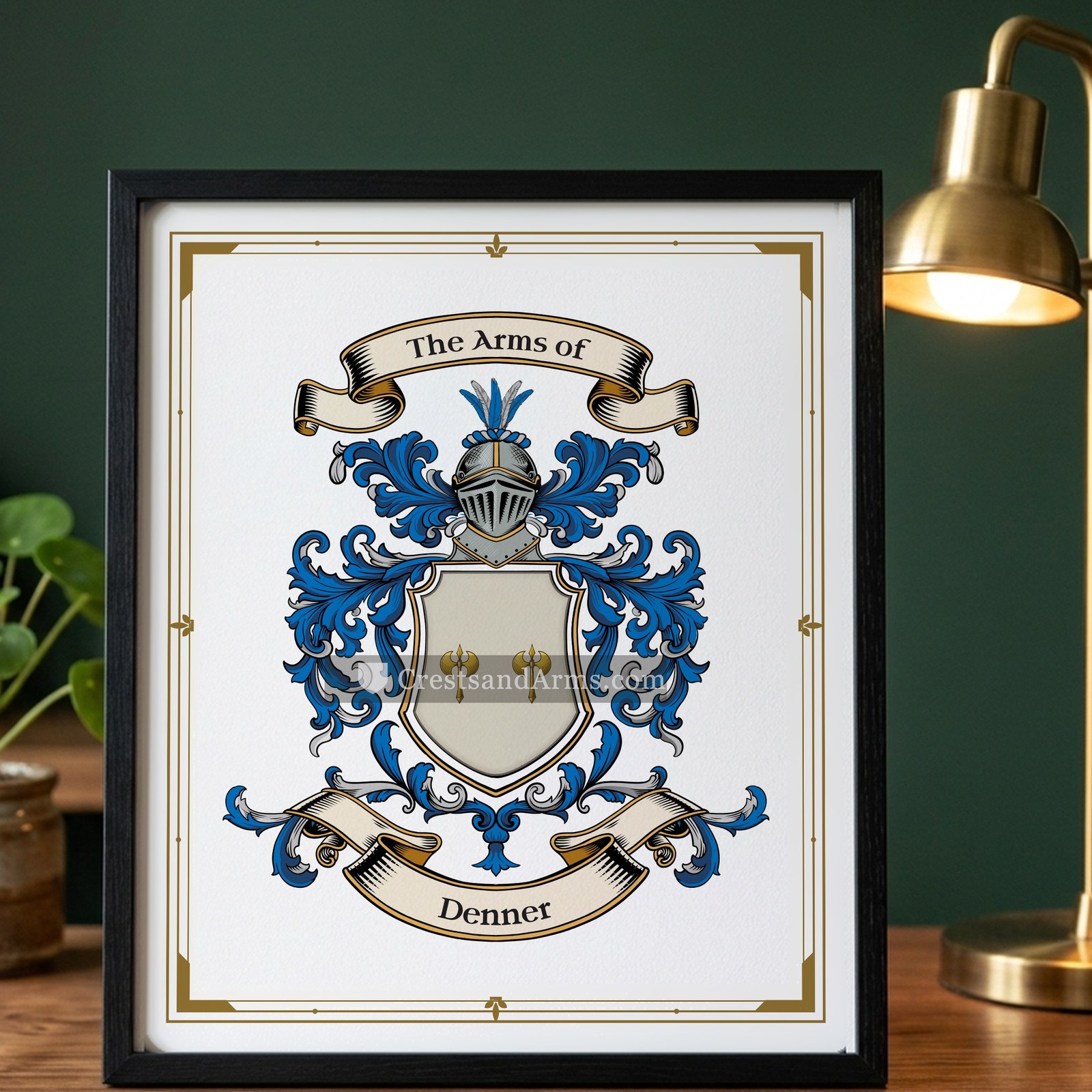The Denner arms on the framed, black wood