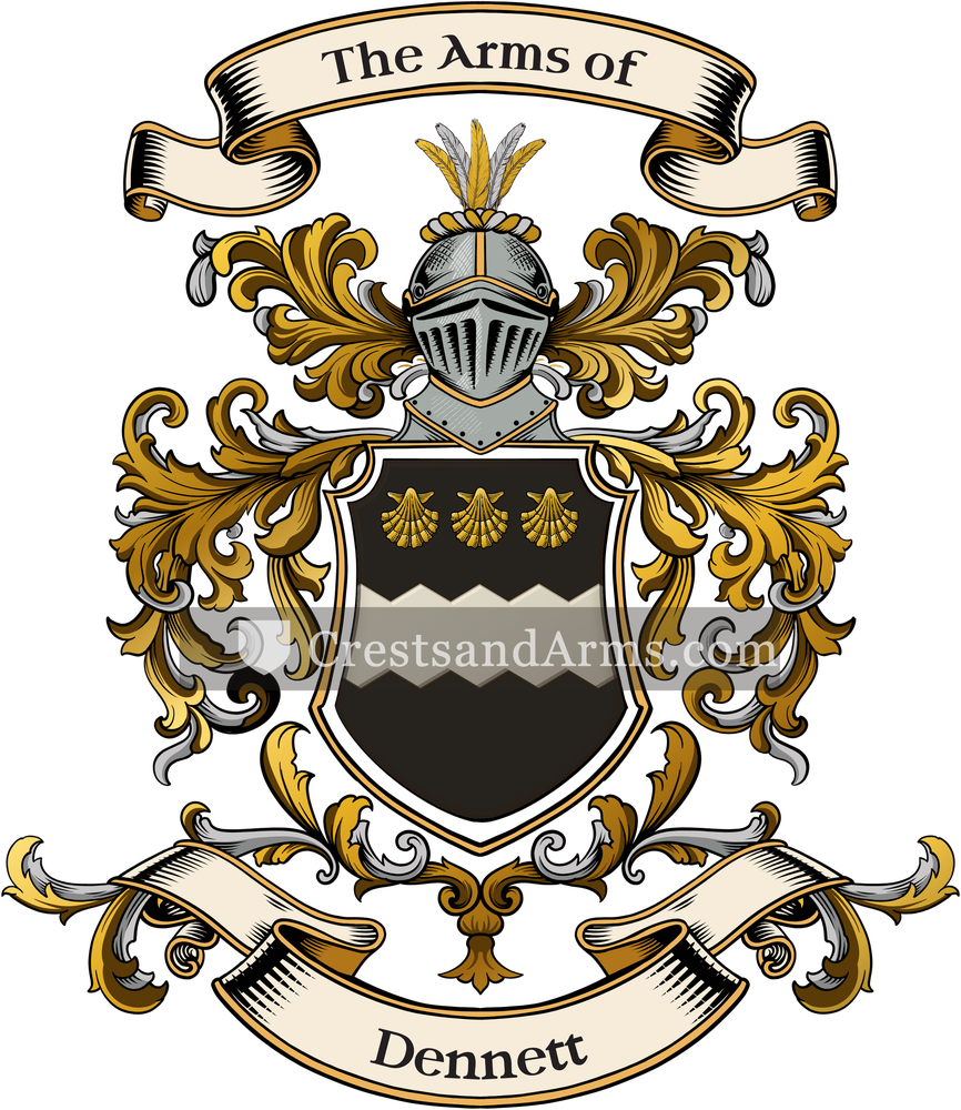 The Dennett coat of arms, drawn from the recorded blazon
