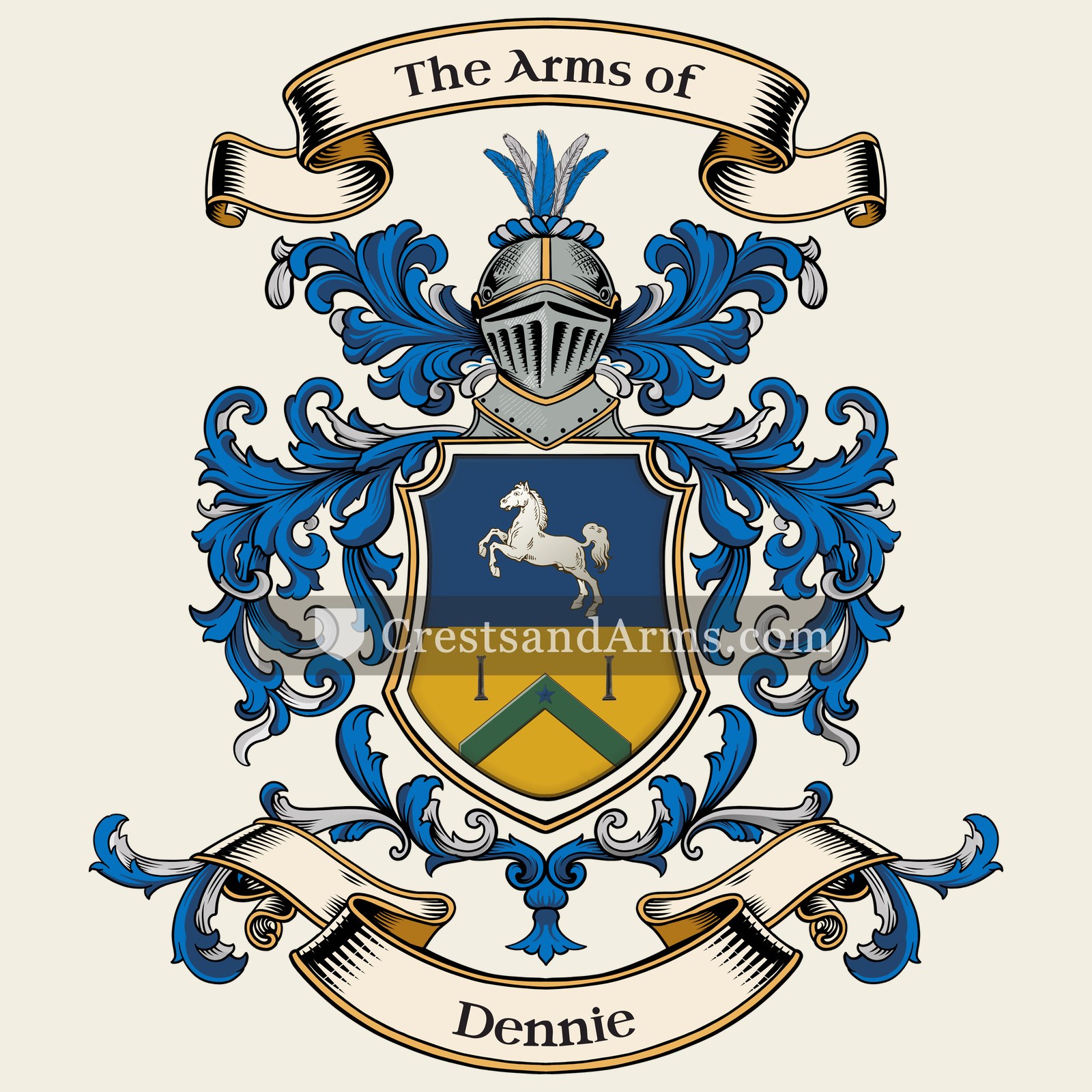 The Dennie coat of arms, drawn from the recorded blazon
