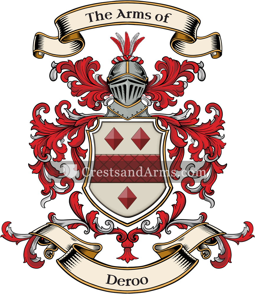 The Deroo coat of arms, drawn from the recorded blazon