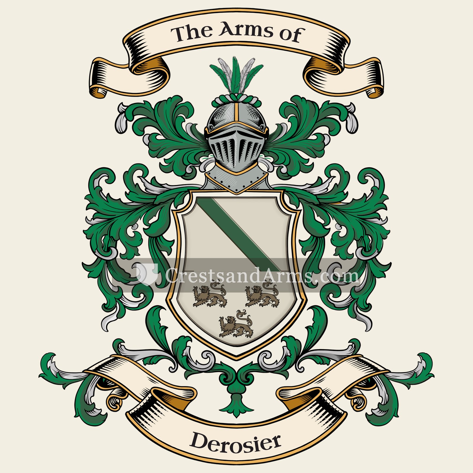 The Derosier coat of arms, drawn from the recorded blazon