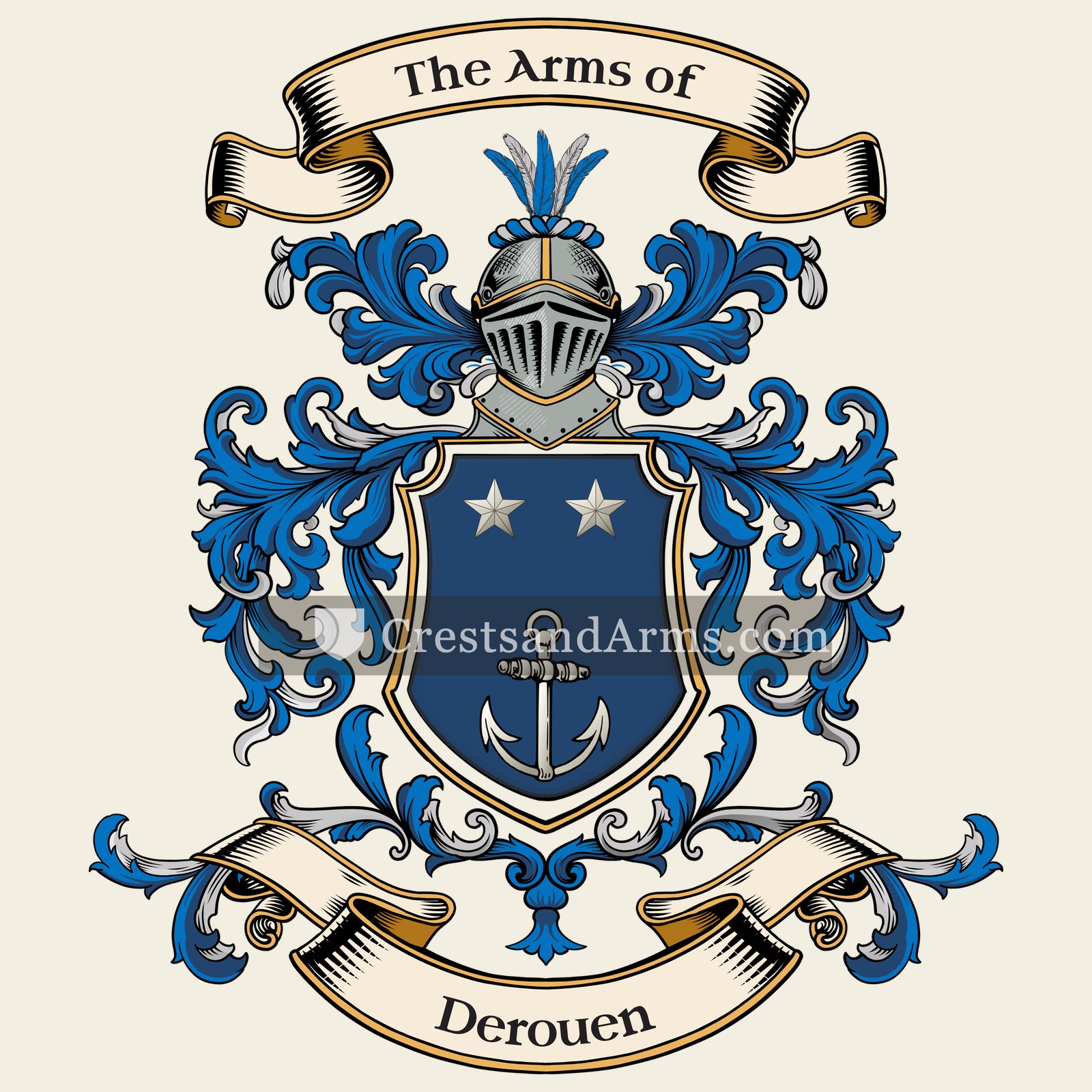 The Derouen coat of arms, drawn from the recorded blazon