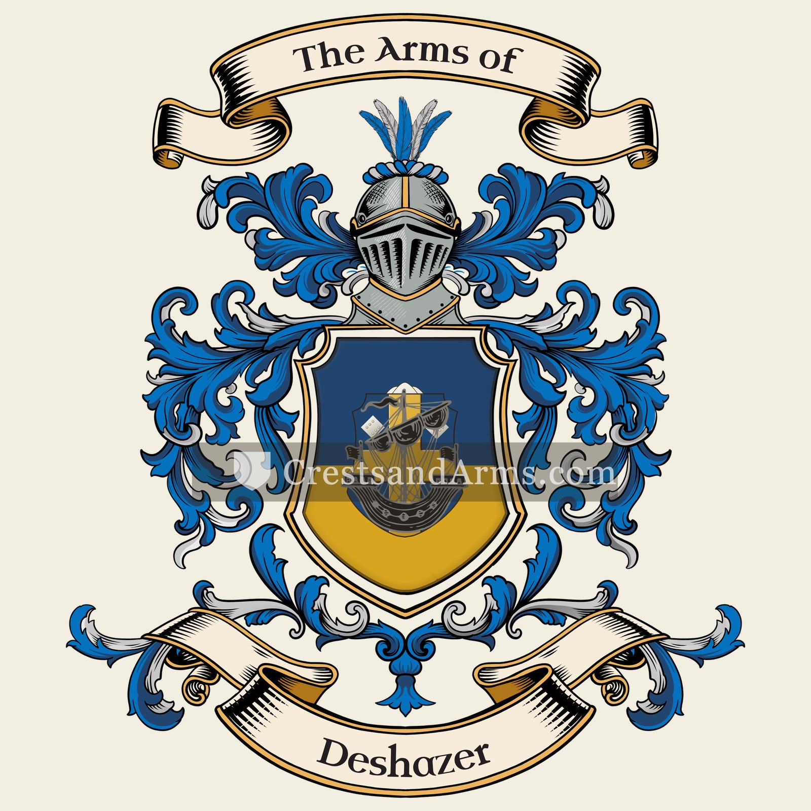 The Deshazer coat of arms, drawn from the recorded blazon