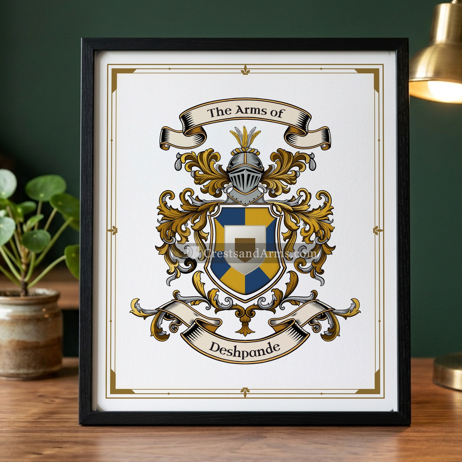 The Deshpande arms on the framed, black wood