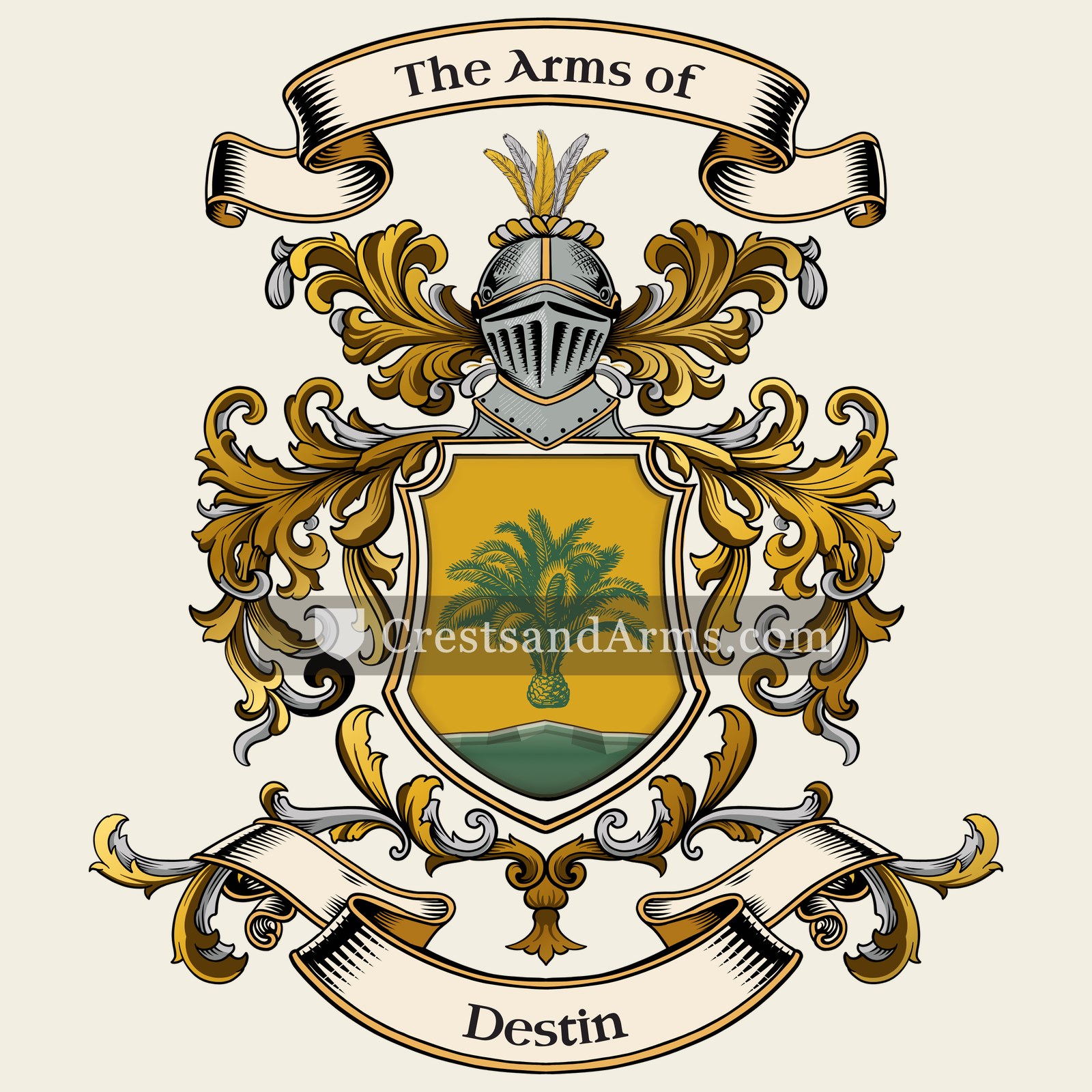 The Destin coat of arms, drawn from the recorded blazon