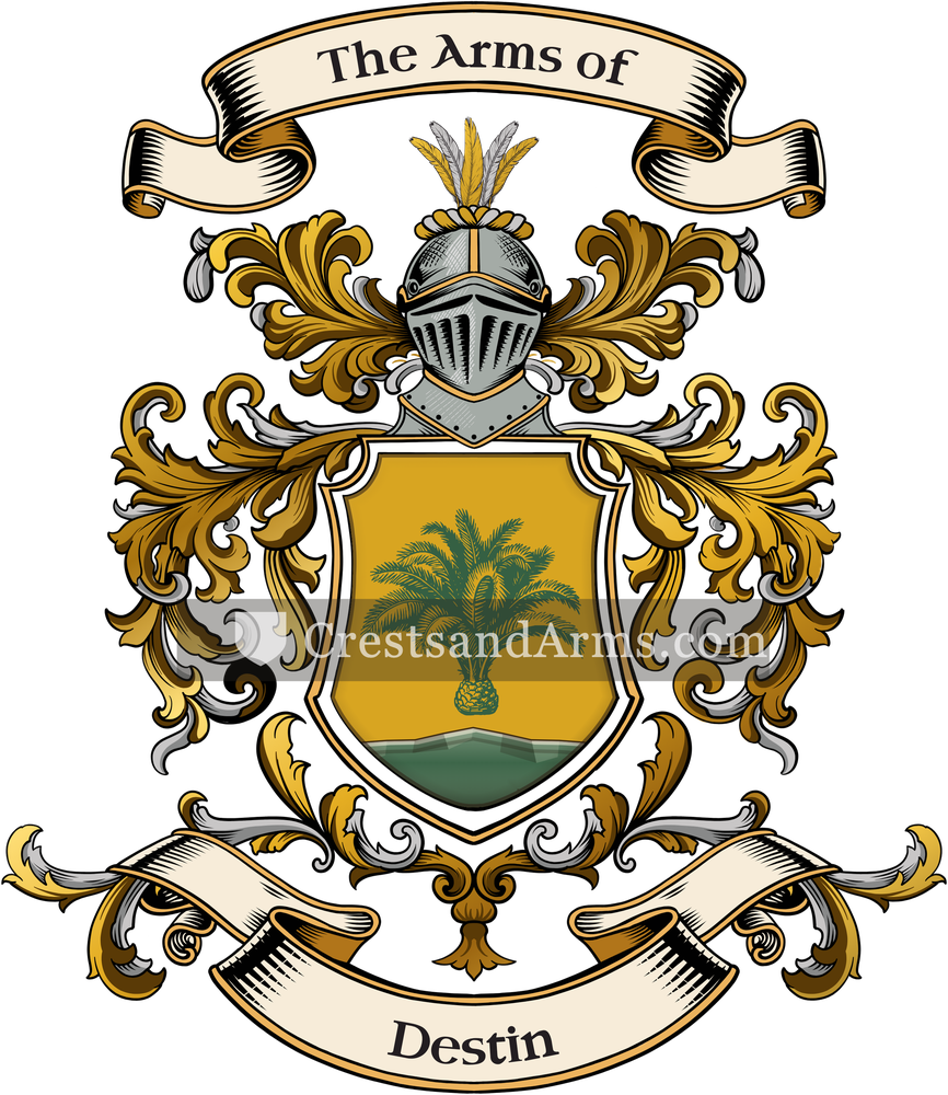 The Destin coat of arms, drawn from the recorded blazon