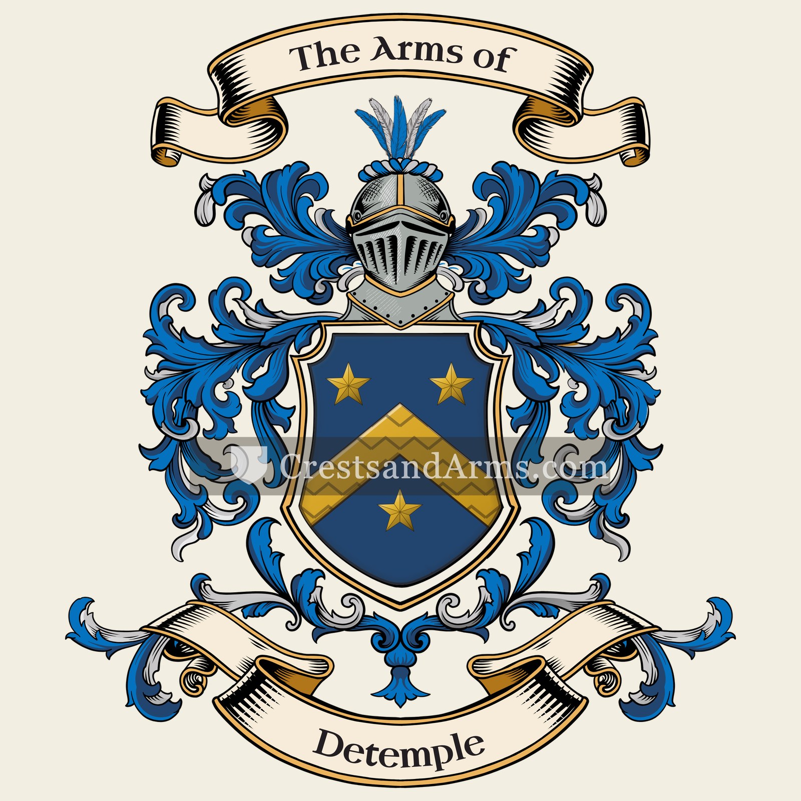 The Detemple coat of arms, drawn from the recorded blazon