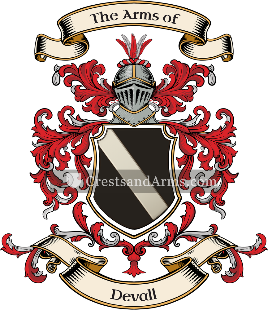 The Devall coat of arms, drawn from the recorded blazon