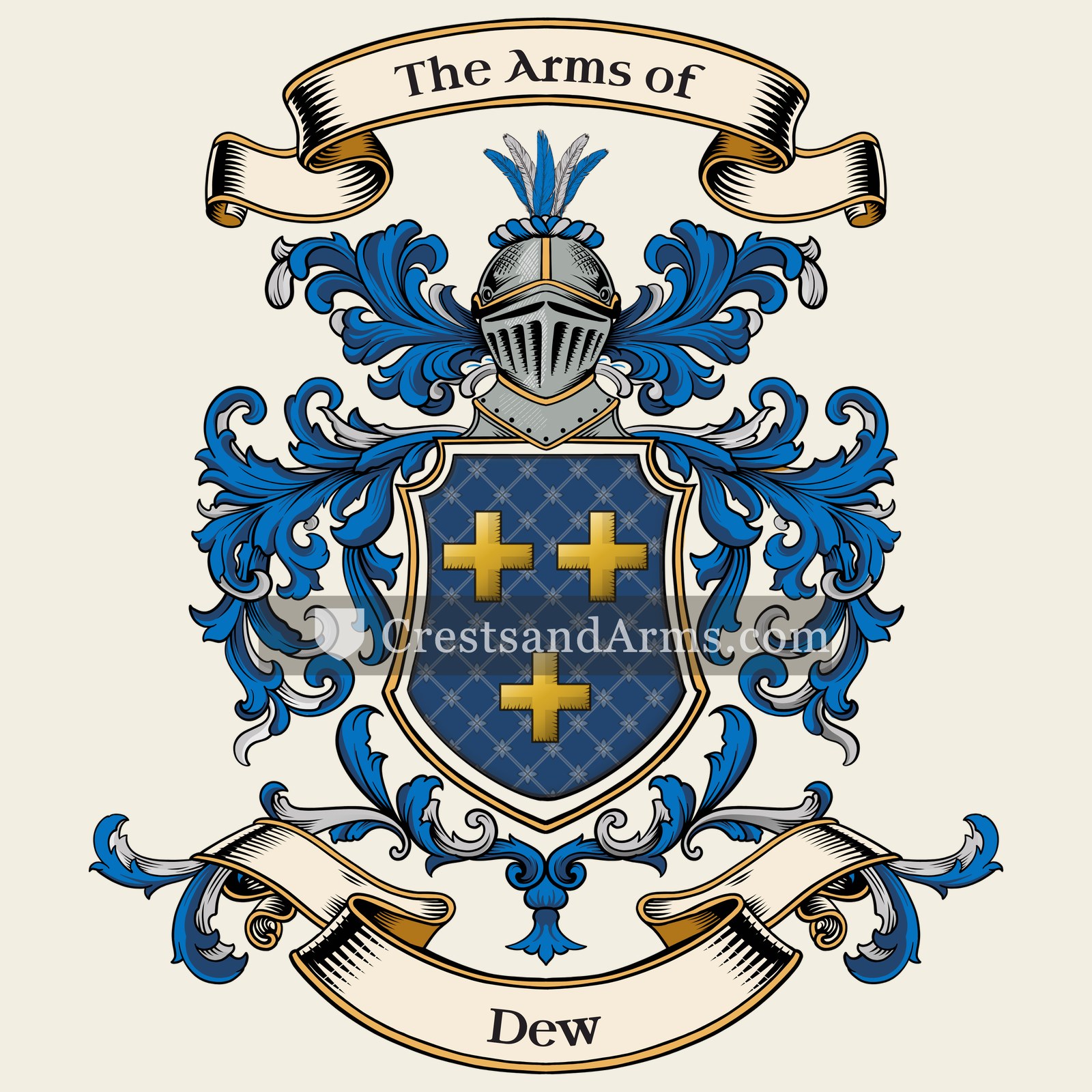 The Dew coat of arms, drawn from the recorded blazon
