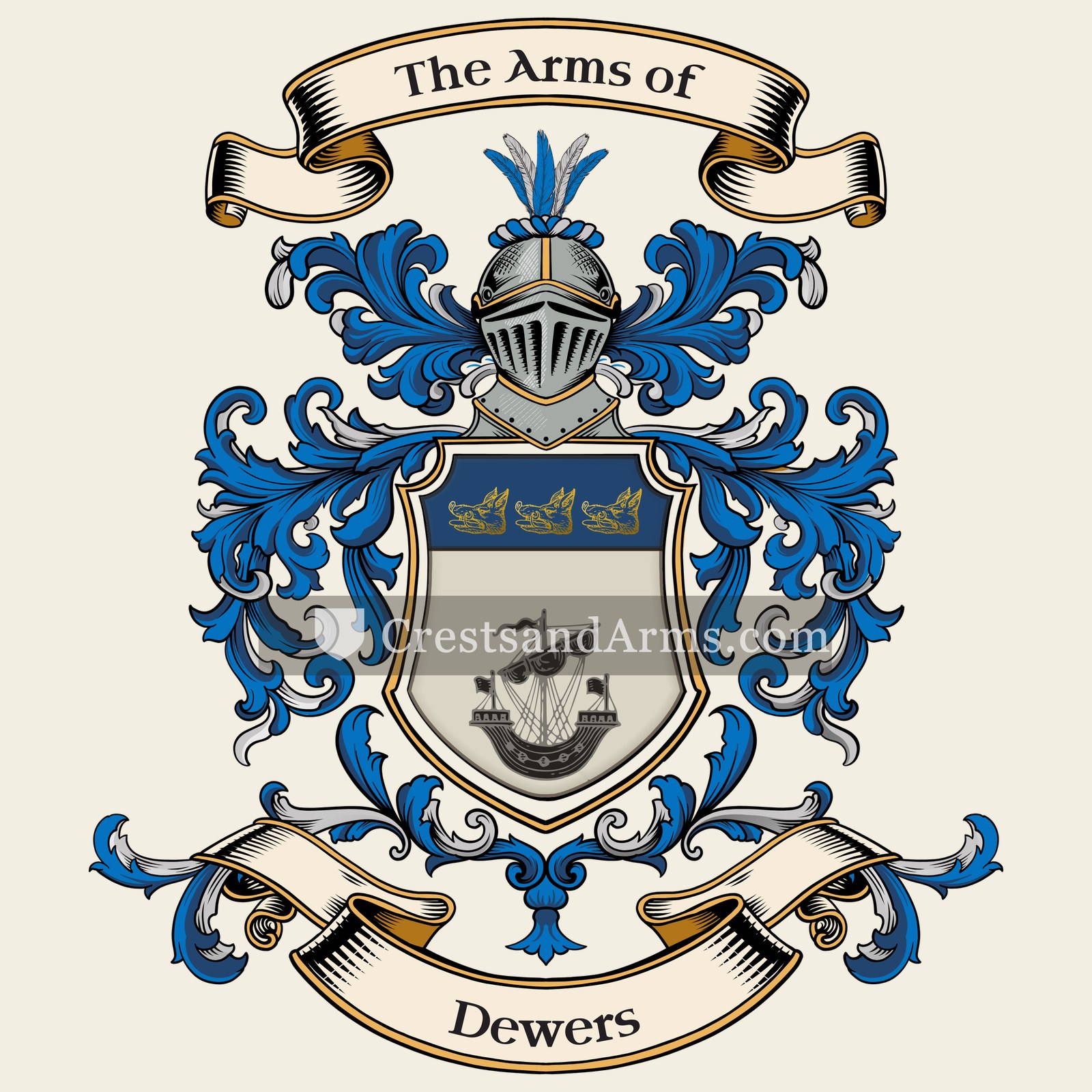 The Dewers coat of arms, drawn from the recorded blazon
