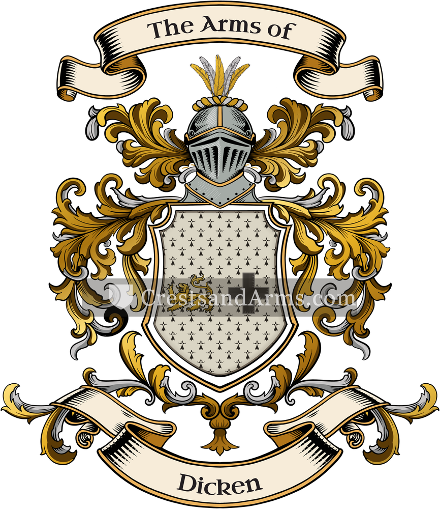 The Dicken coat of arms, drawn from the recorded blazon