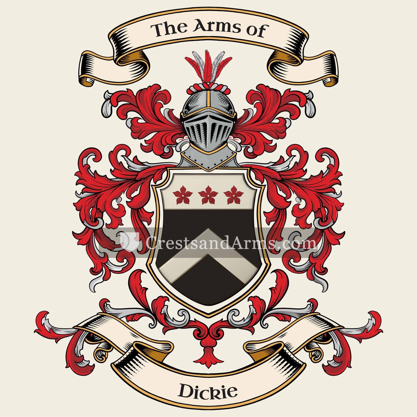 The Dickie coat of arms, drawn from the recorded blazon