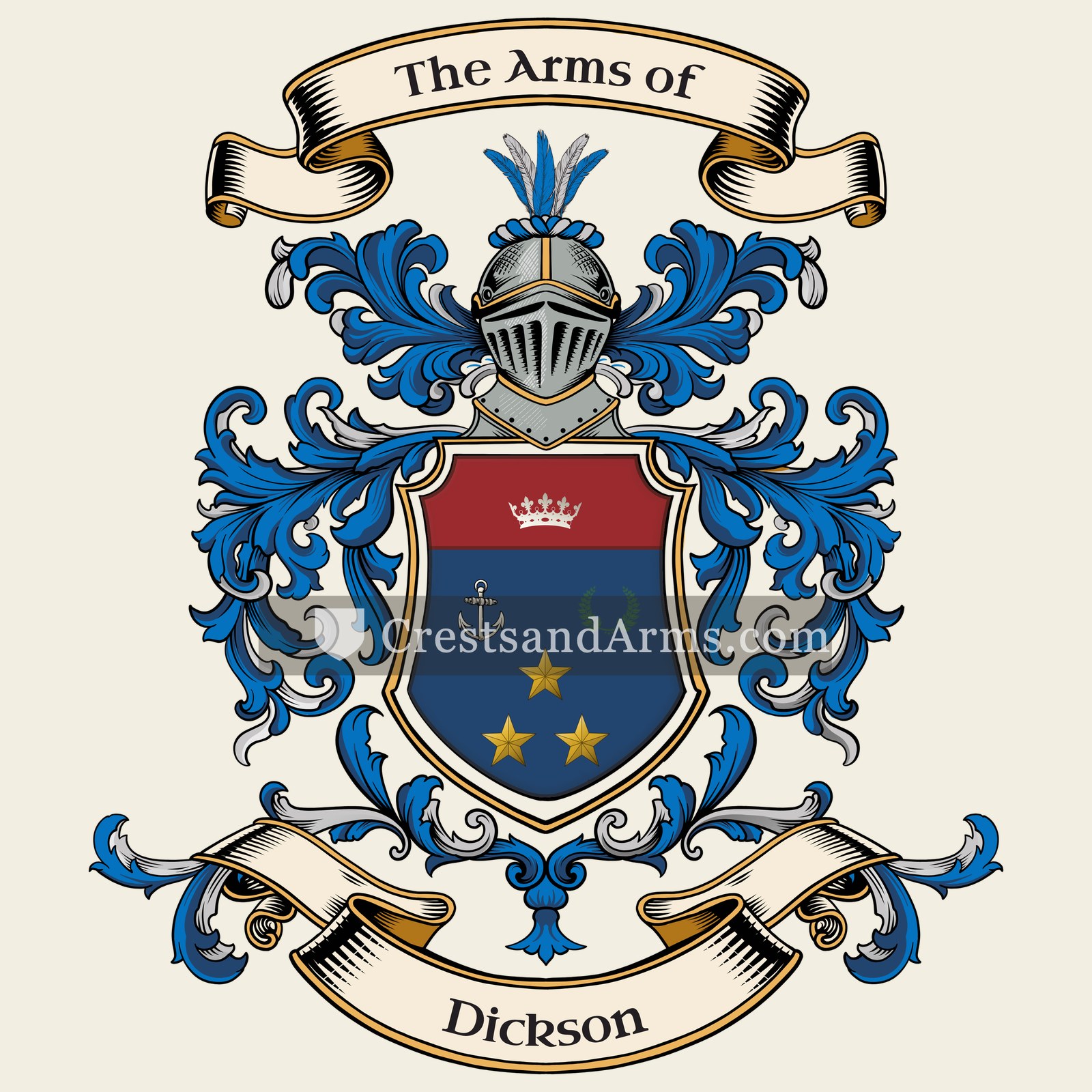 The Dickson coat of arms, drawn from the recorded blazon