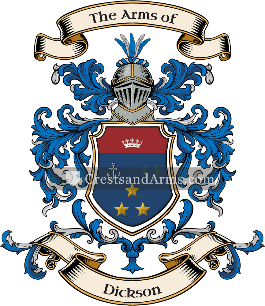 The Dickson coat of arms, drawn from the recorded blazon