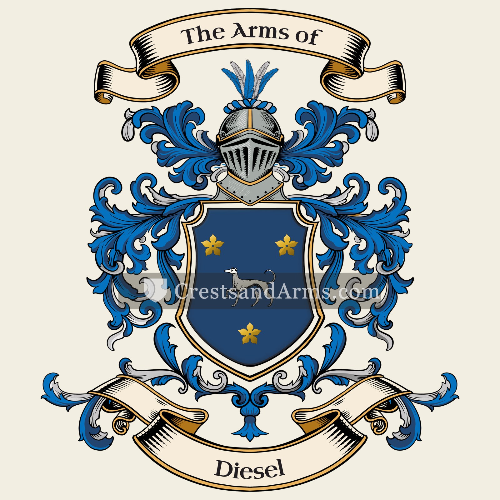The Diesel coat of arms, drawn from the recorded blazon
