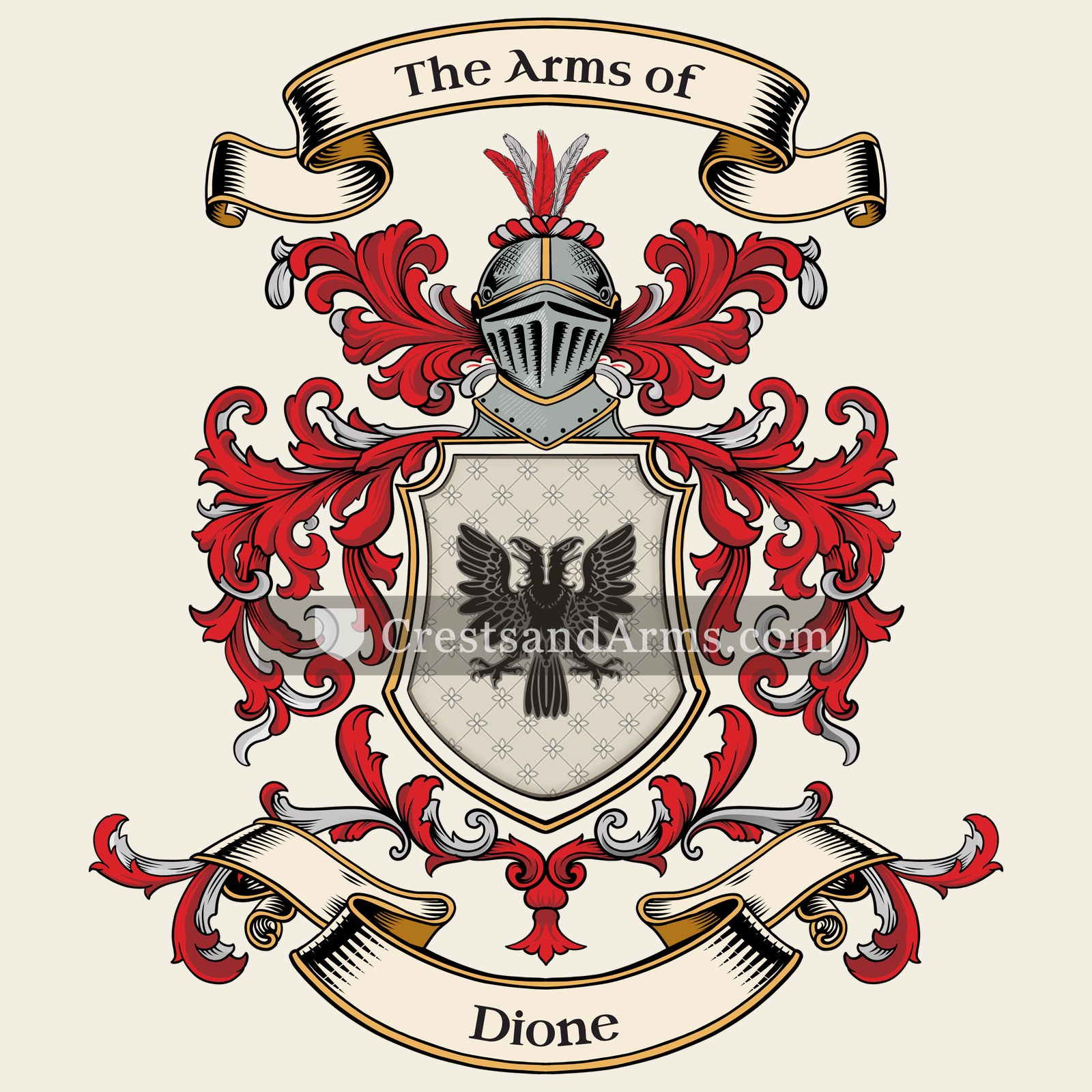The Dione coat of arms, drawn from the recorded blazon