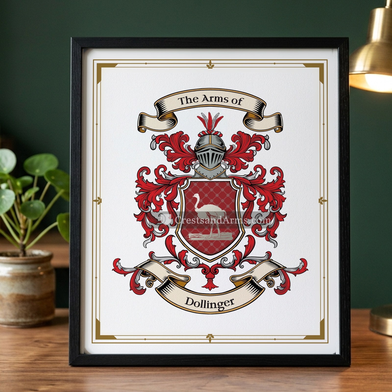 The Dollinger arms on the framed, black wood