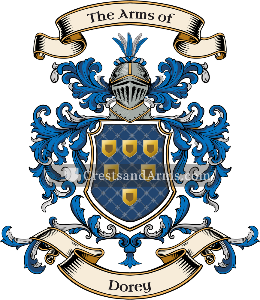 The Dorey coat of arms, drawn from the recorded blazon