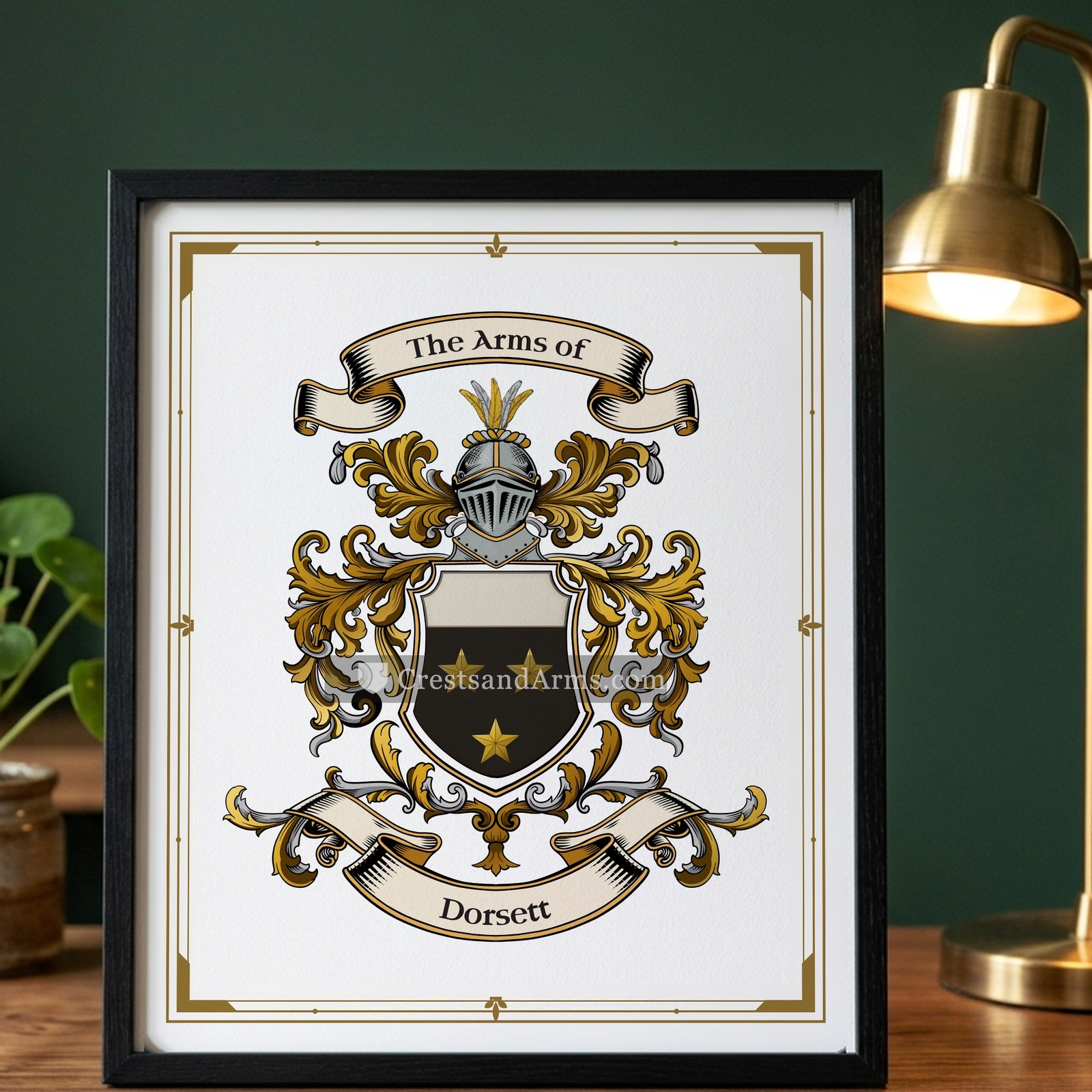 The Dorsett arms on the framed, black wood
