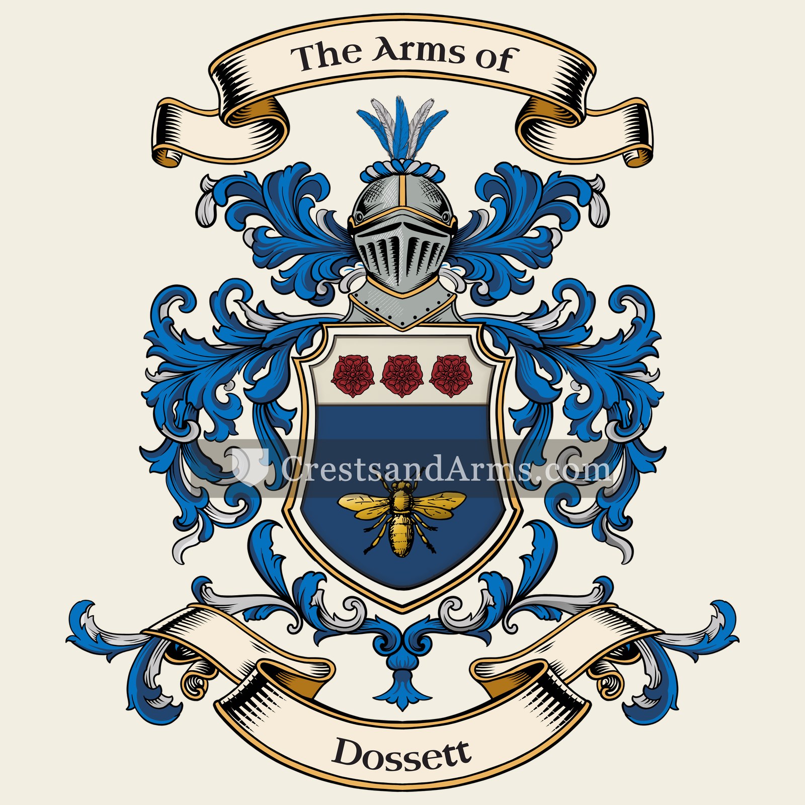 The Dossett coat of arms, drawn from the recorded blazon