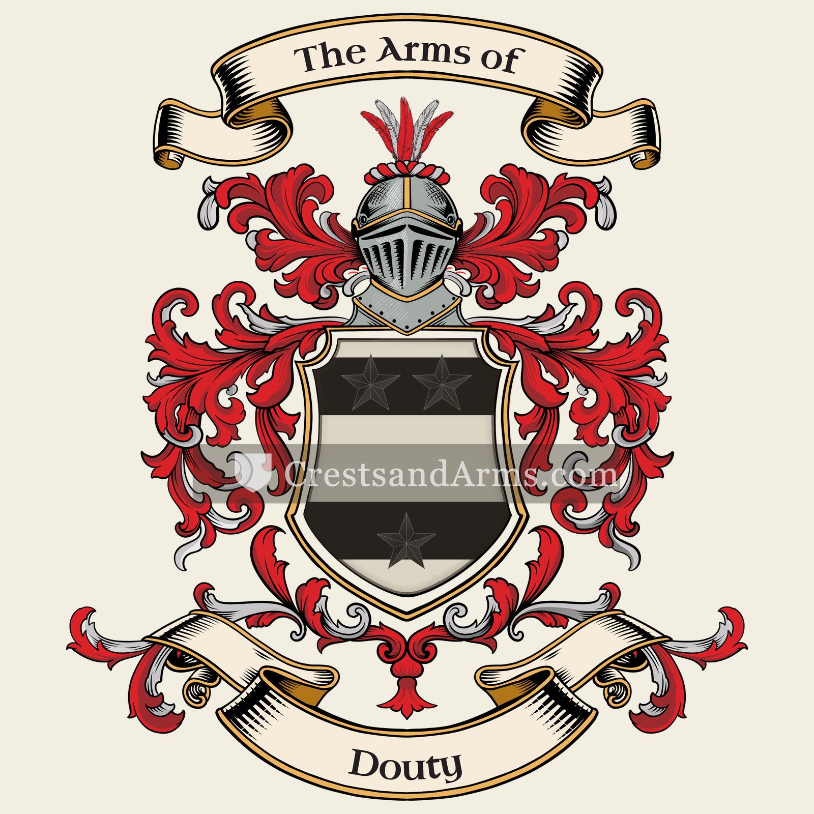 The Douty coat of arms, drawn from the recorded blazon