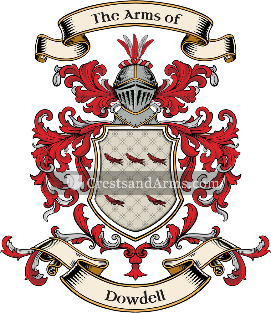 The Dowdell coat of arms, drawn from the recorded blazon