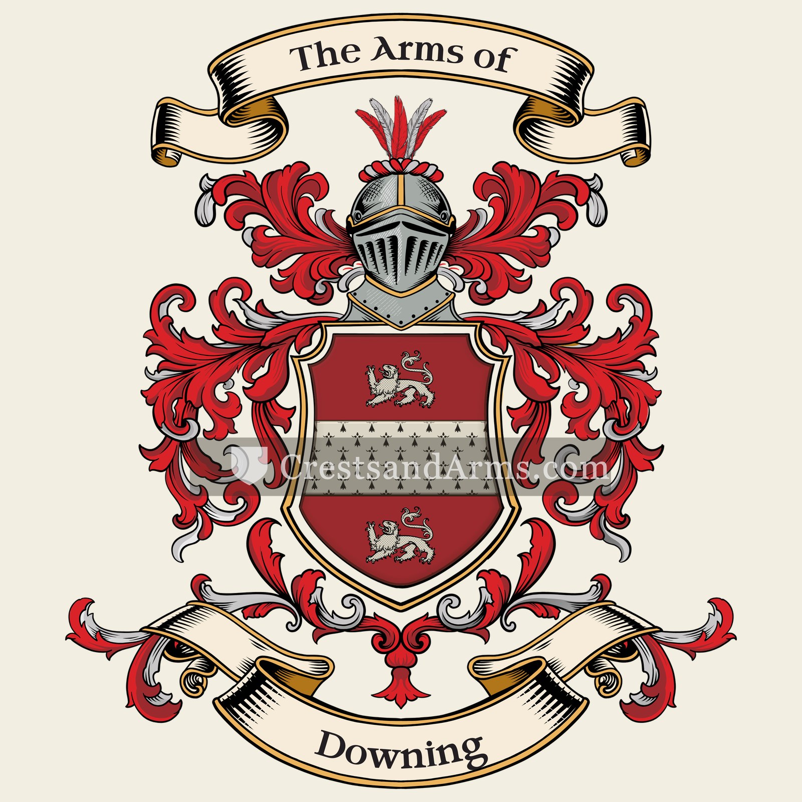 The Downing coat of arms, drawn from the recorded blazon