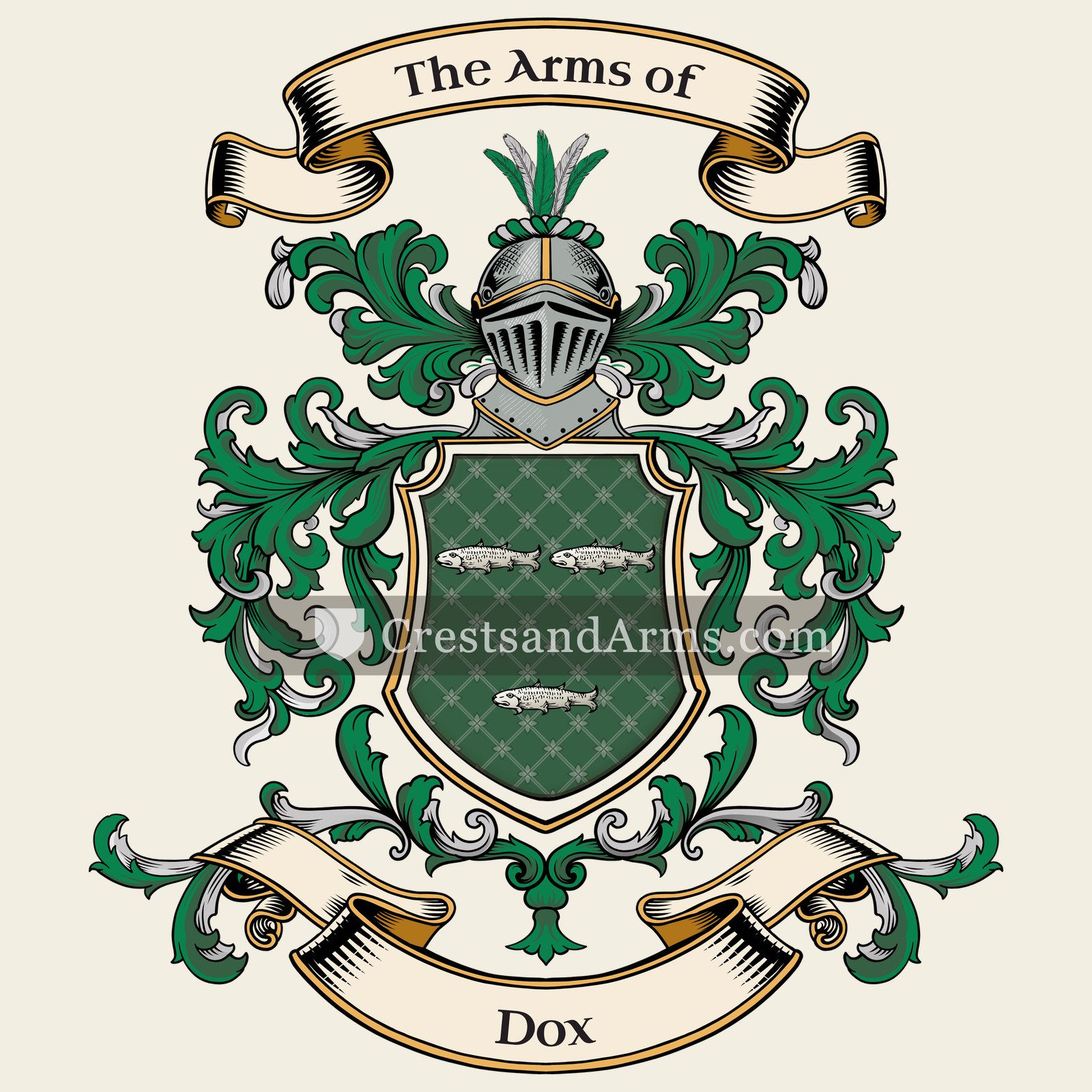 The Dox coat of arms, drawn from the recorded blazon
