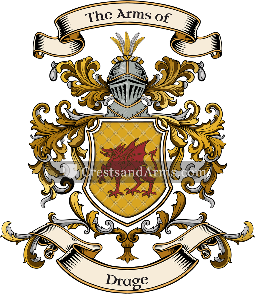 The Drage coat of arms, drawn from the recorded blazon