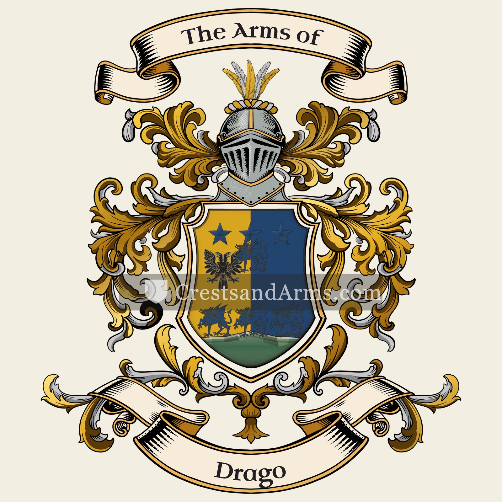 The Drago coat of arms, drawn from the recorded blazon