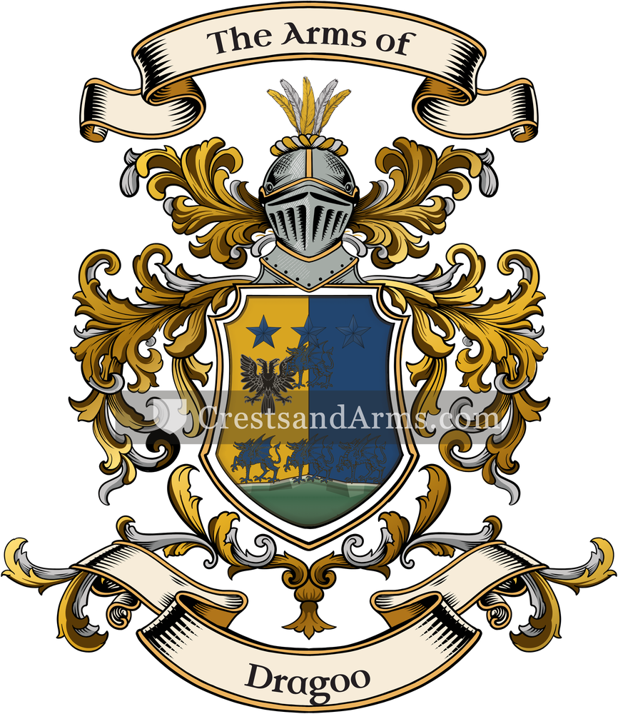 The Dragoo coat of arms, drawn from the recorded blazon