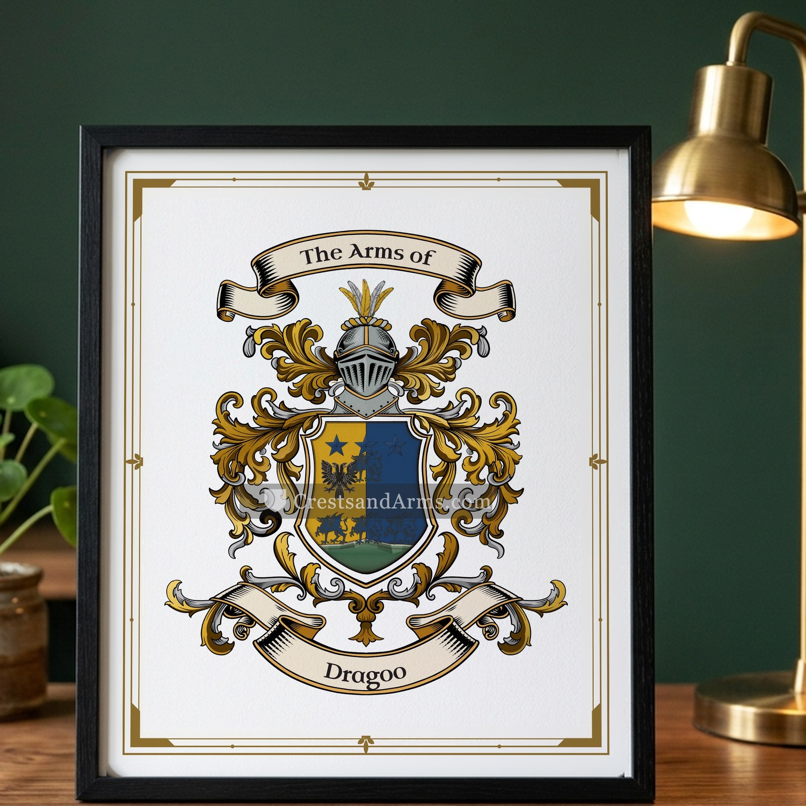 The Dragoo arms on the framed, black wood