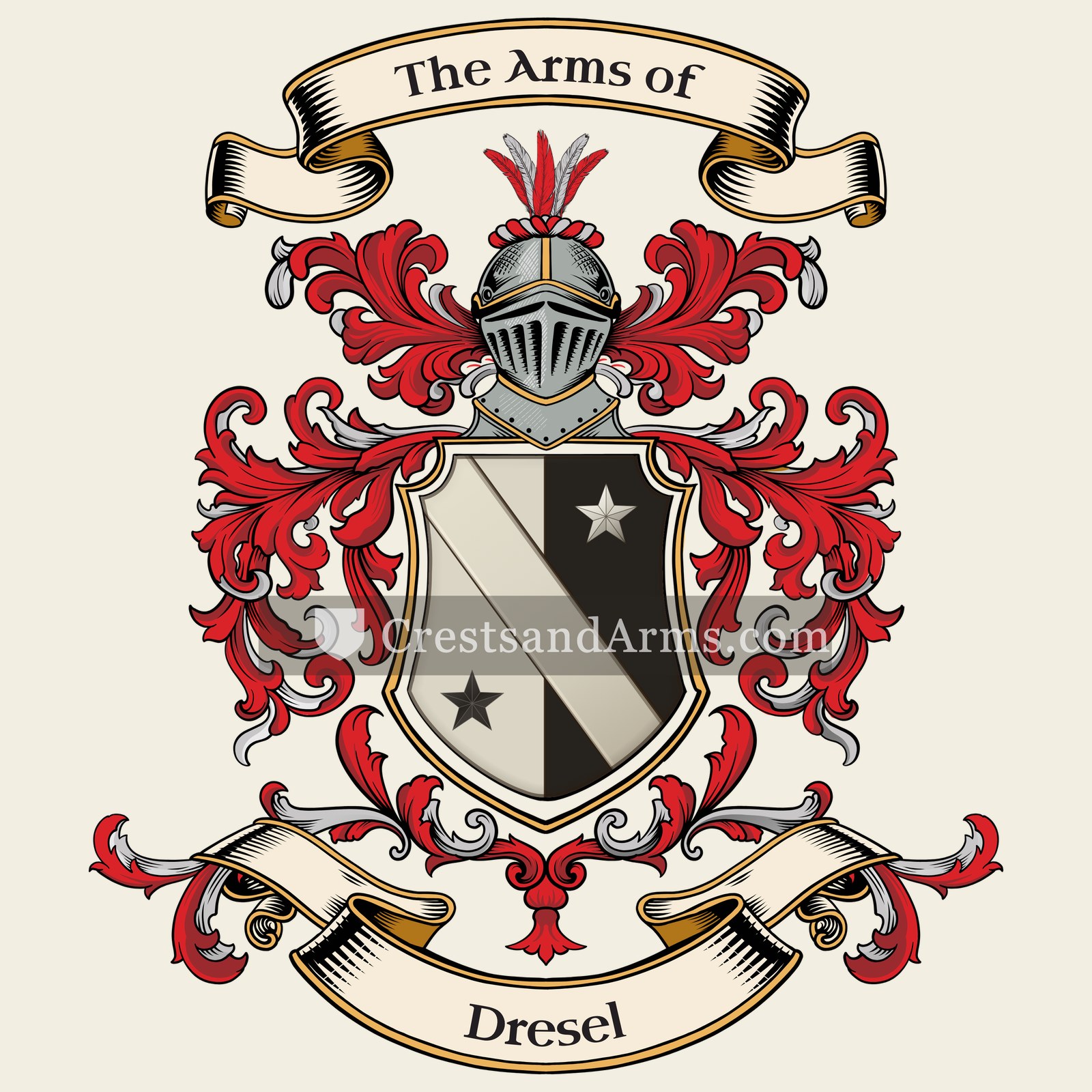 The Dresel coat of arms, drawn from the recorded blazon