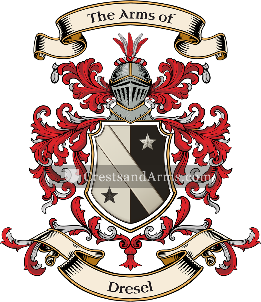 The Dresel coat of arms, drawn from the recorded blazon