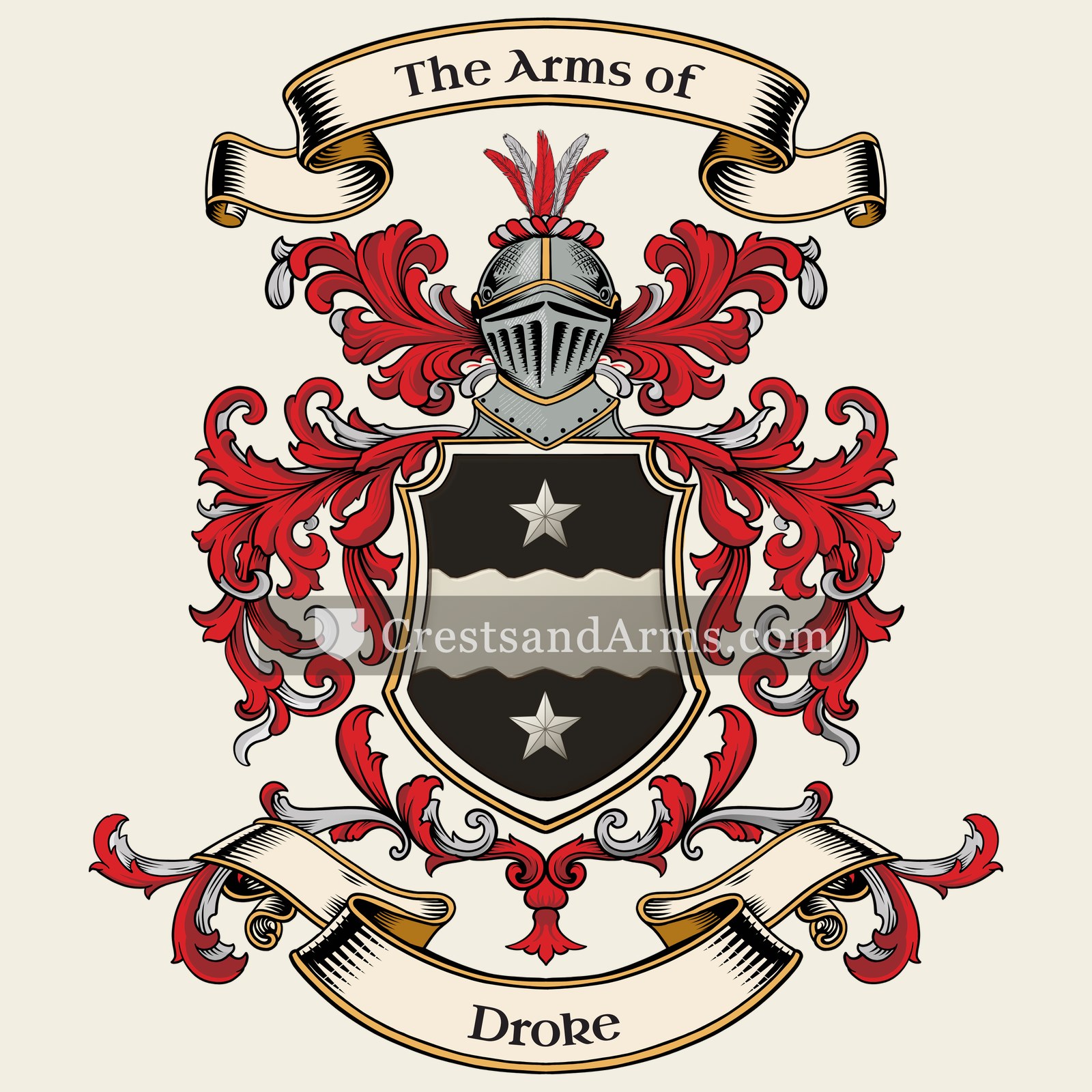 The Droke coat of arms, drawn from the recorded blazon
