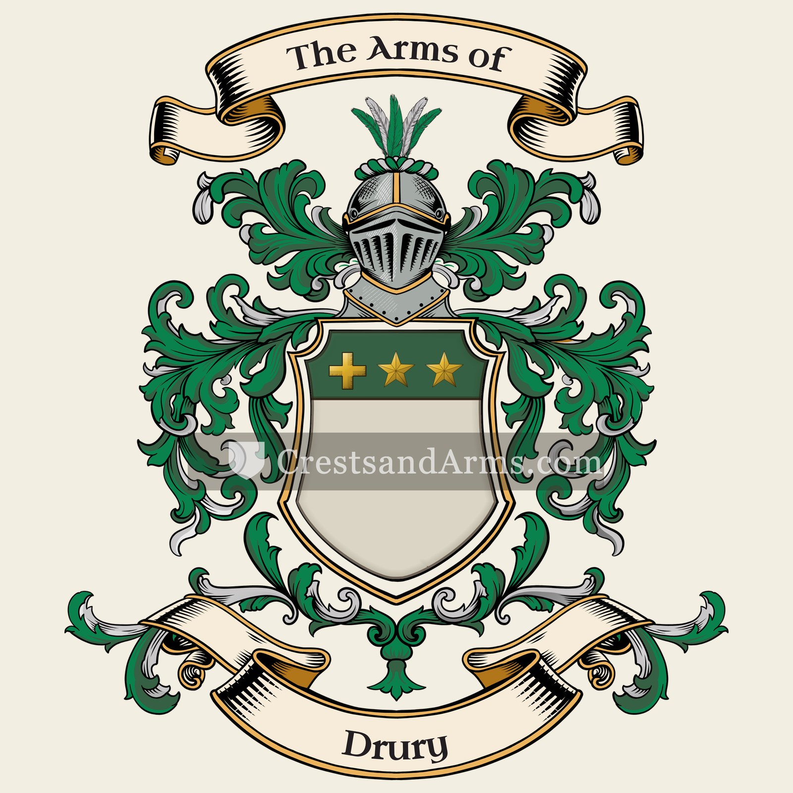 The Drury coat of arms, drawn from the recorded blazon