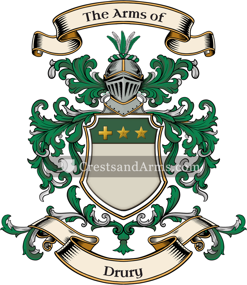 The Drury coat of arms, drawn from the recorded blazon