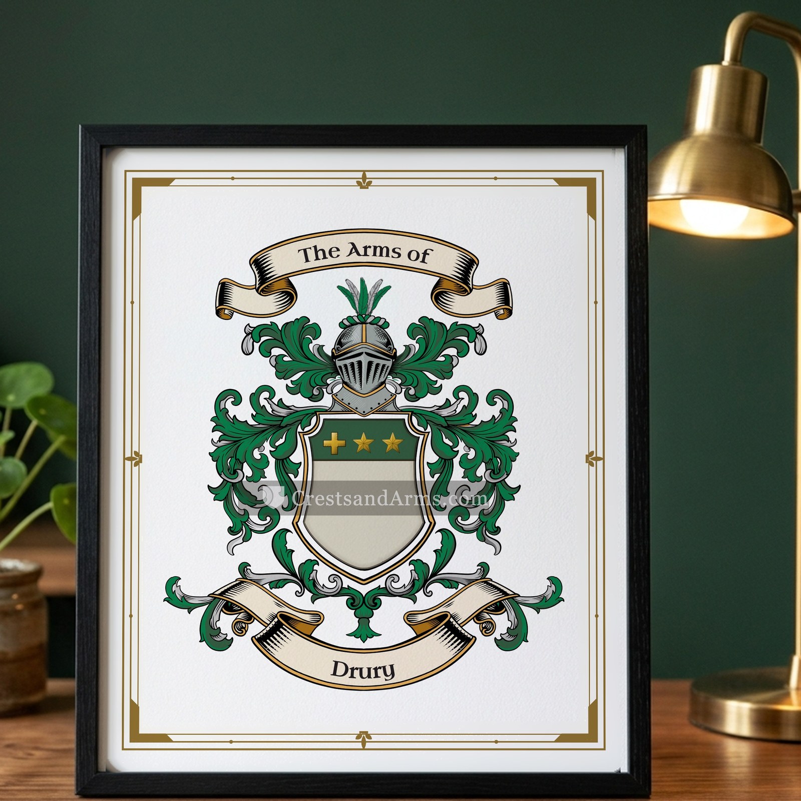 The Drury arms on the framed, black wood