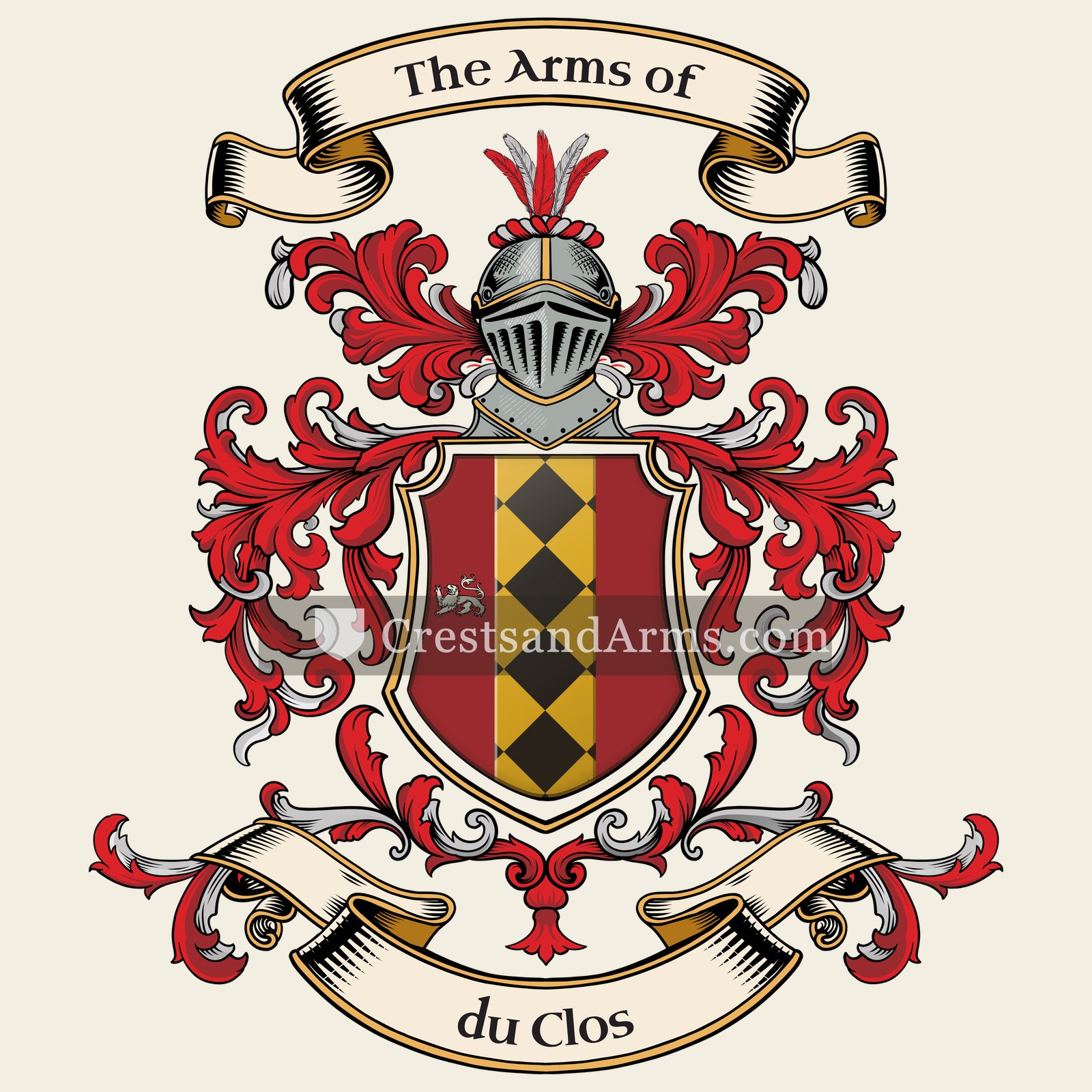 The du Clos coat of arms, drawn from the recorded blazon