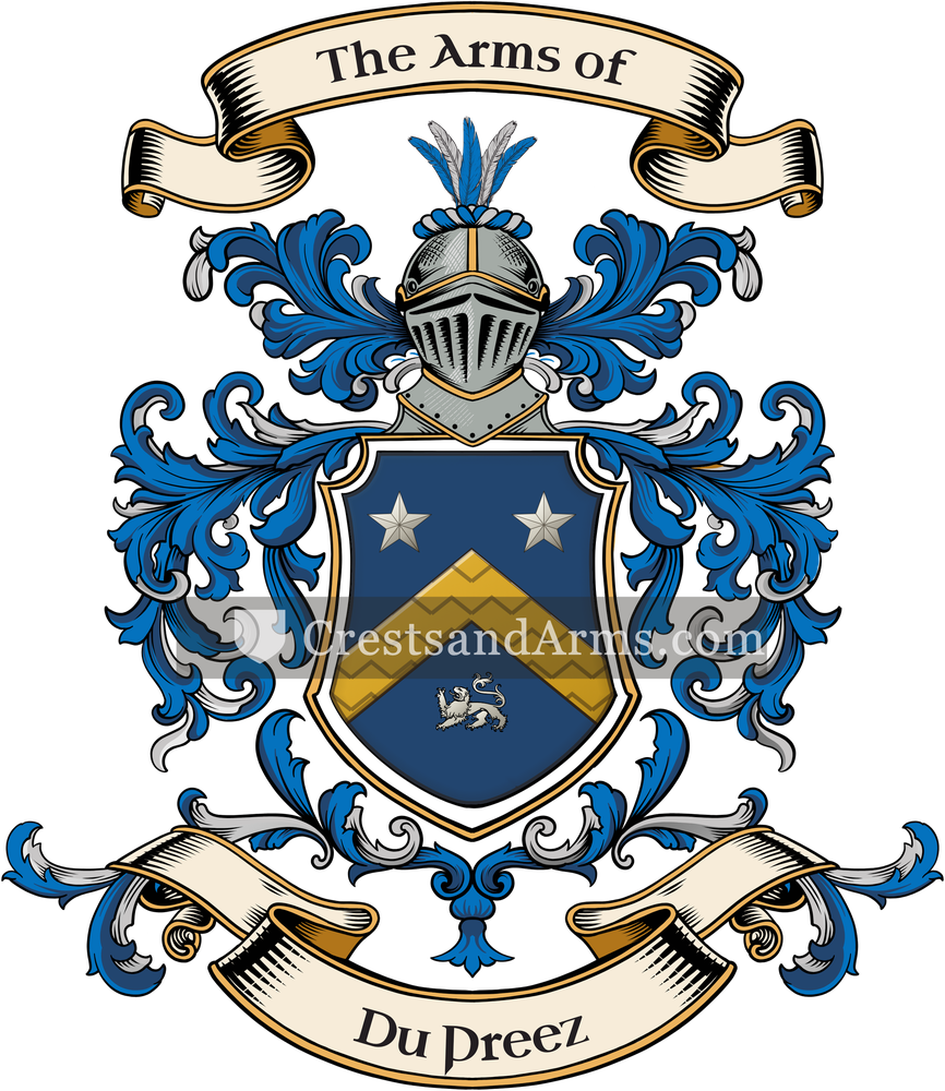 The Du Preez coat of arms, drawn from the recorded blazon