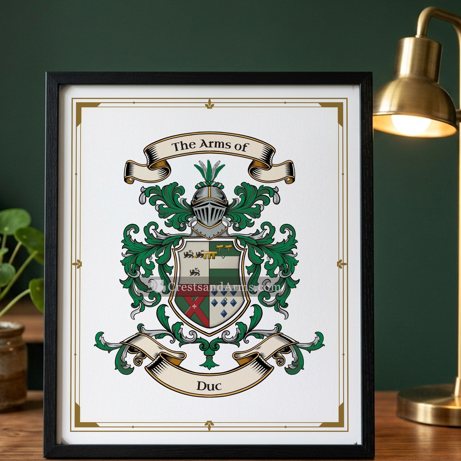 The Duc arms on the framed, black wood