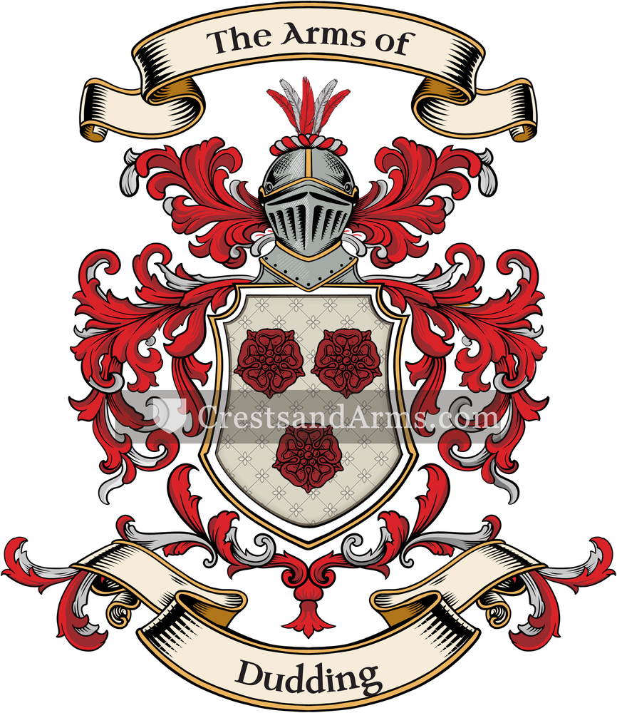 The Dudding coat of arms, drawn from the recorded blazon