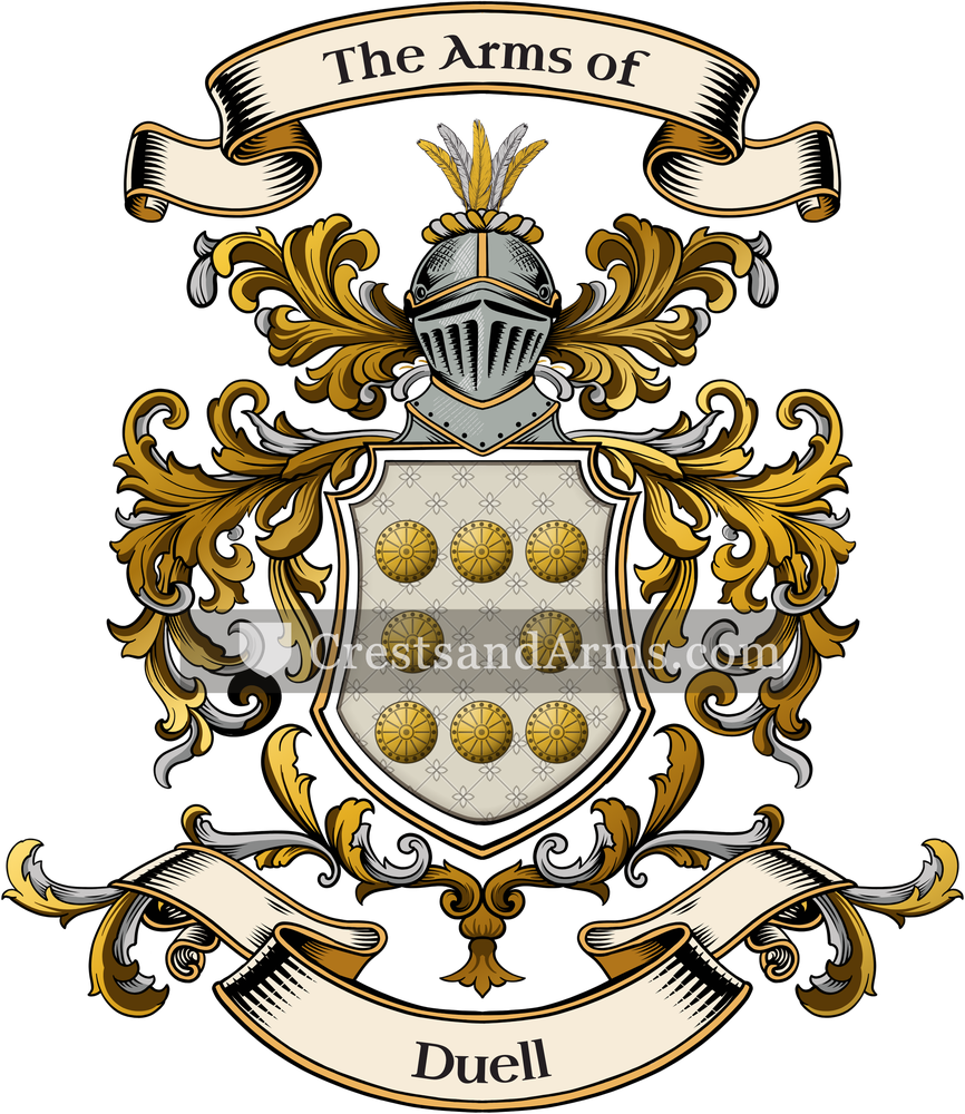 The Duell coat of arms, drawn from the recorded blazon