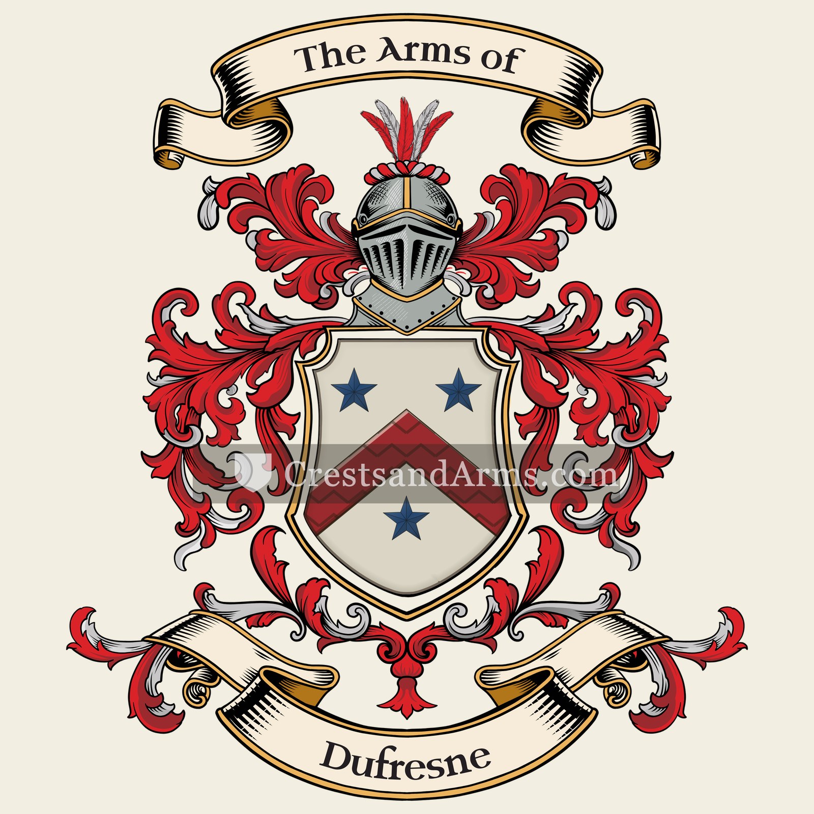 The Dufresne coat of arms, drawn from the recorded blazon