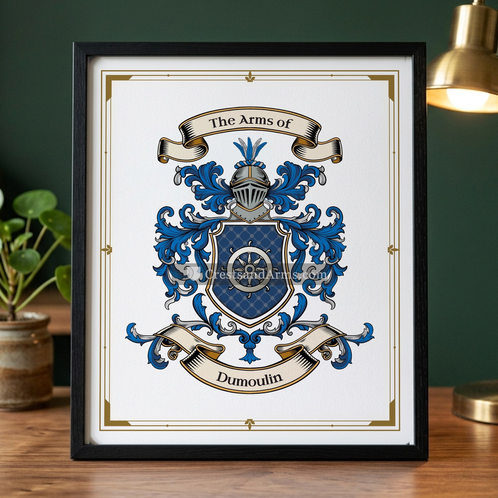 The Dumoulin arms on the framed, black wood