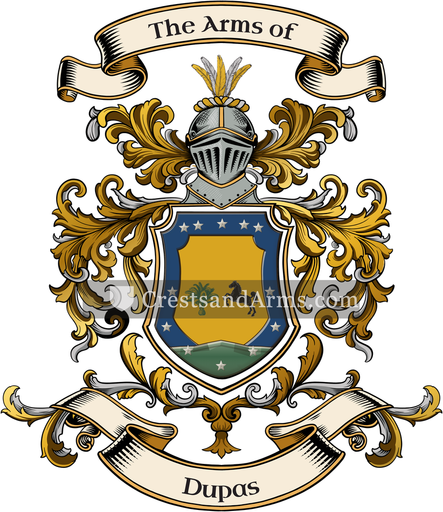 The Dupas coat of arms, drawn from the recorded blazon